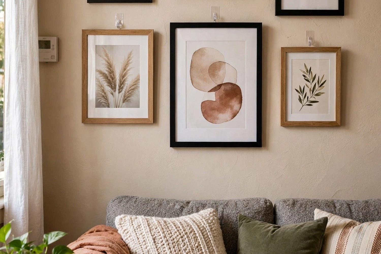 Living room gallery wall of framed art hung with adhesive hooks, no nails needed