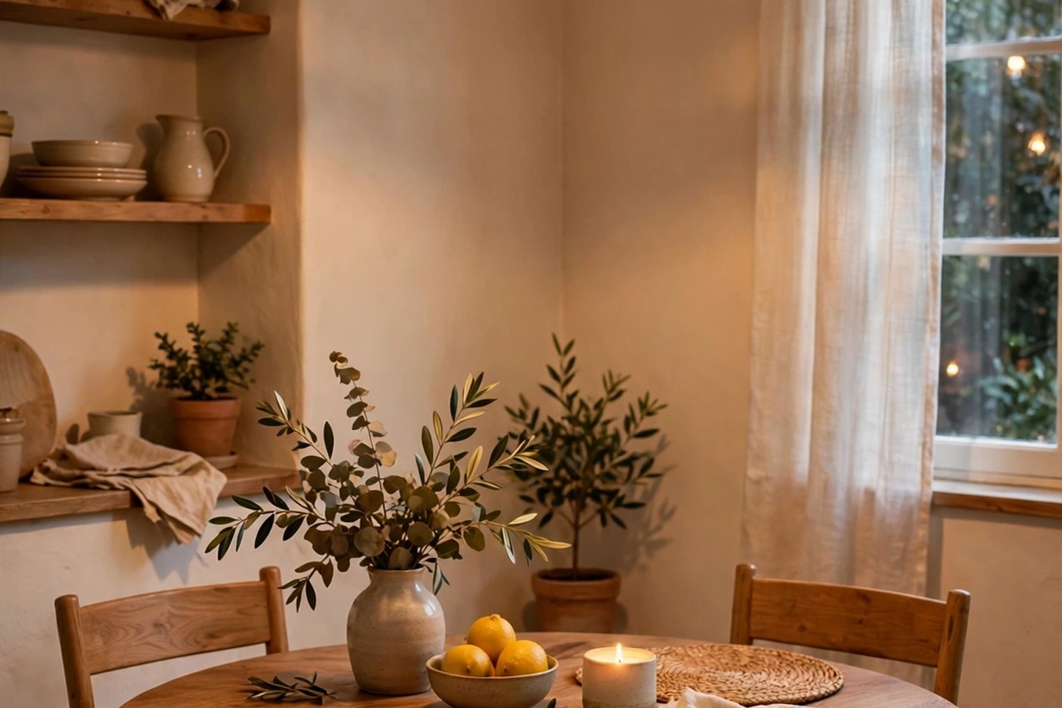 Small dining room with a rattan pendant light glowing over a round wooden table