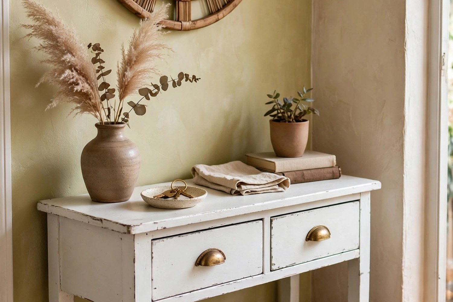 Cozy entryway corner with painted thrifted console table, mirror and shoe basket