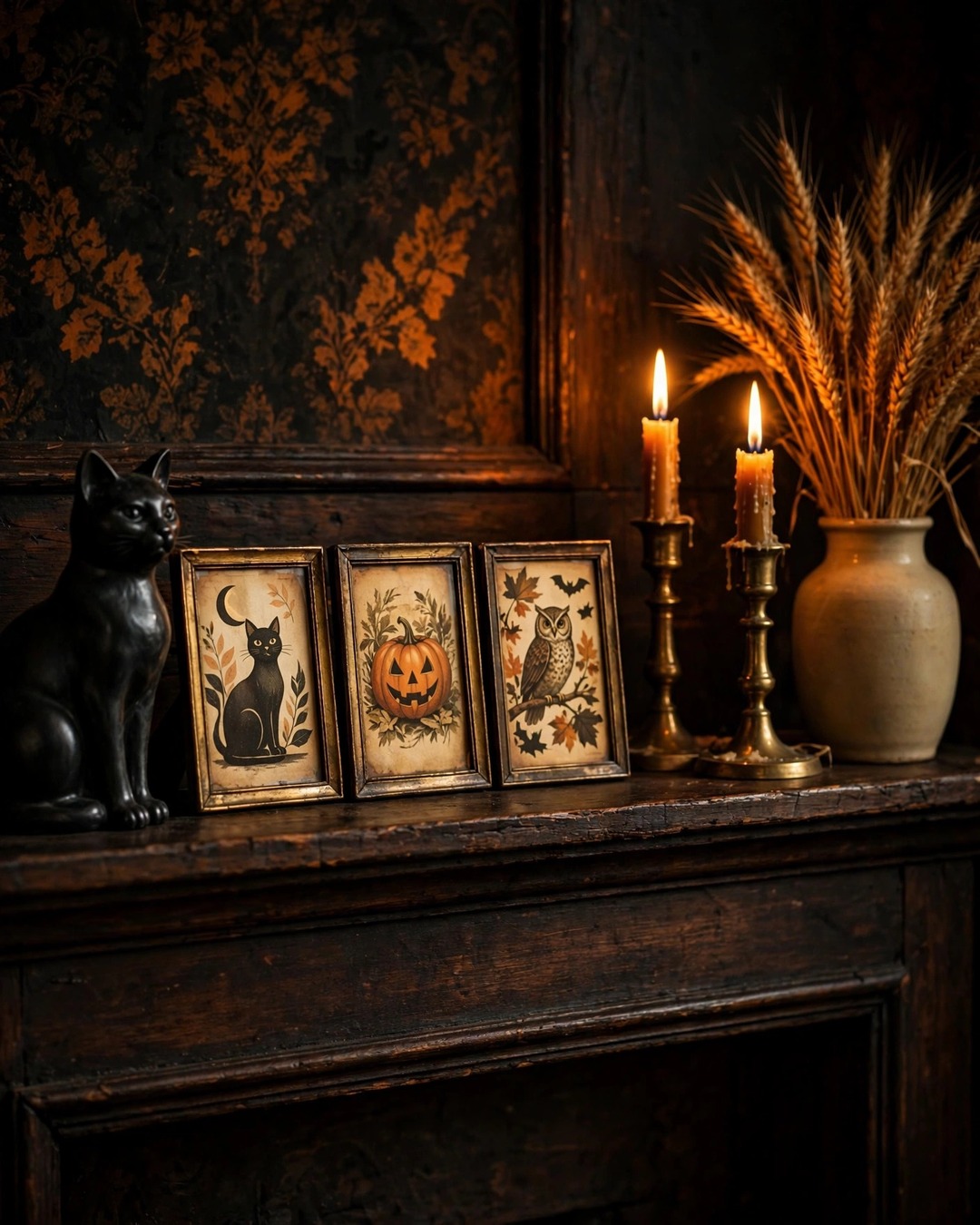 Vintage Halloween mantel styled with framed postcards, black cat figurine and amber candlesticks