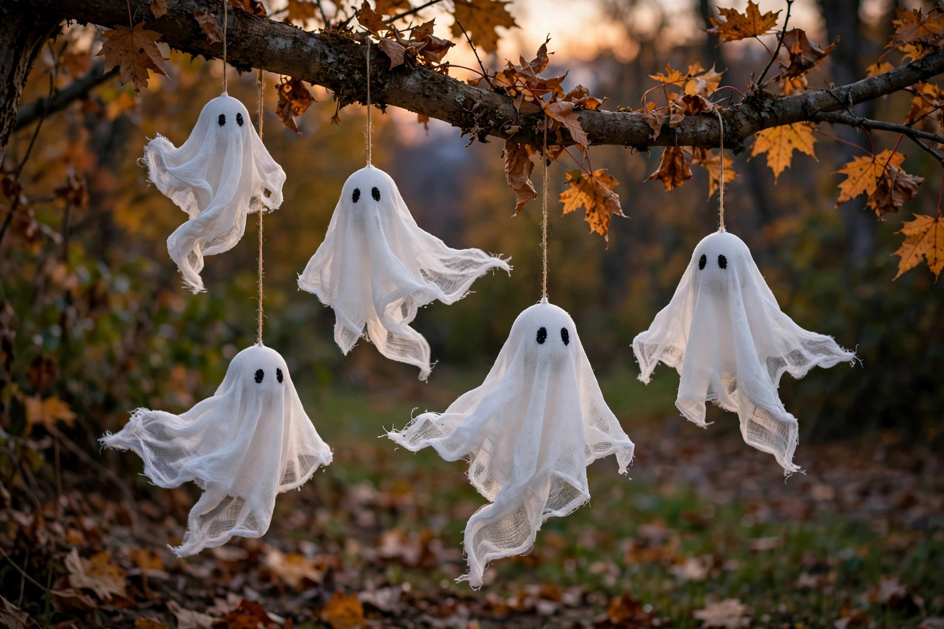 Cheesecloth ghosts hanging from a tree branch