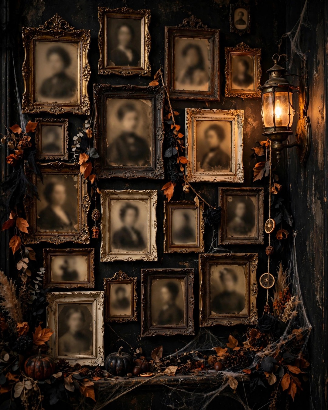 Haunted portrait gallery of sepia Victorian photos in ornate frames