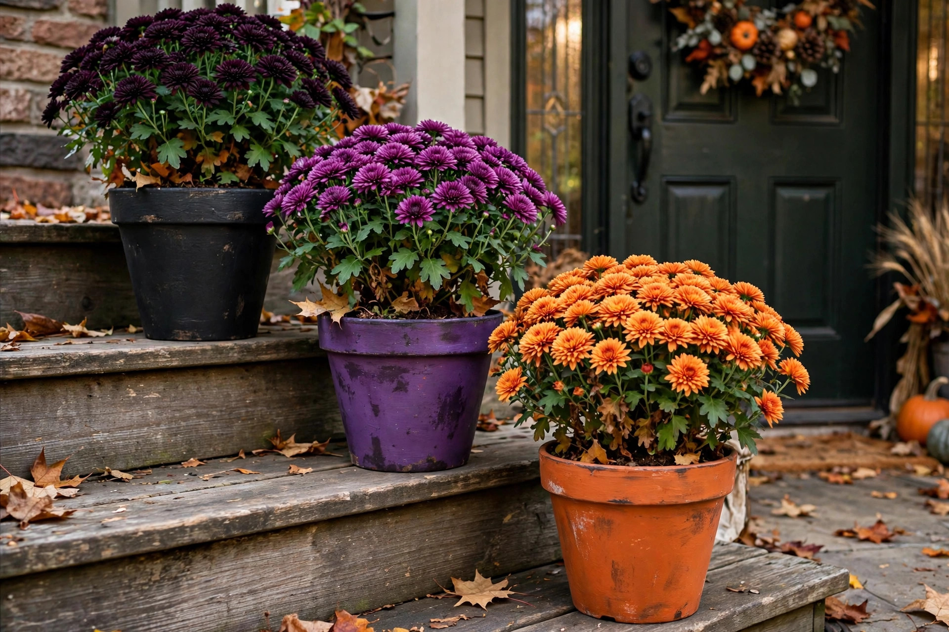 Fall mums in hand-painted black, purple, and orange thrift-store pots on porch steps