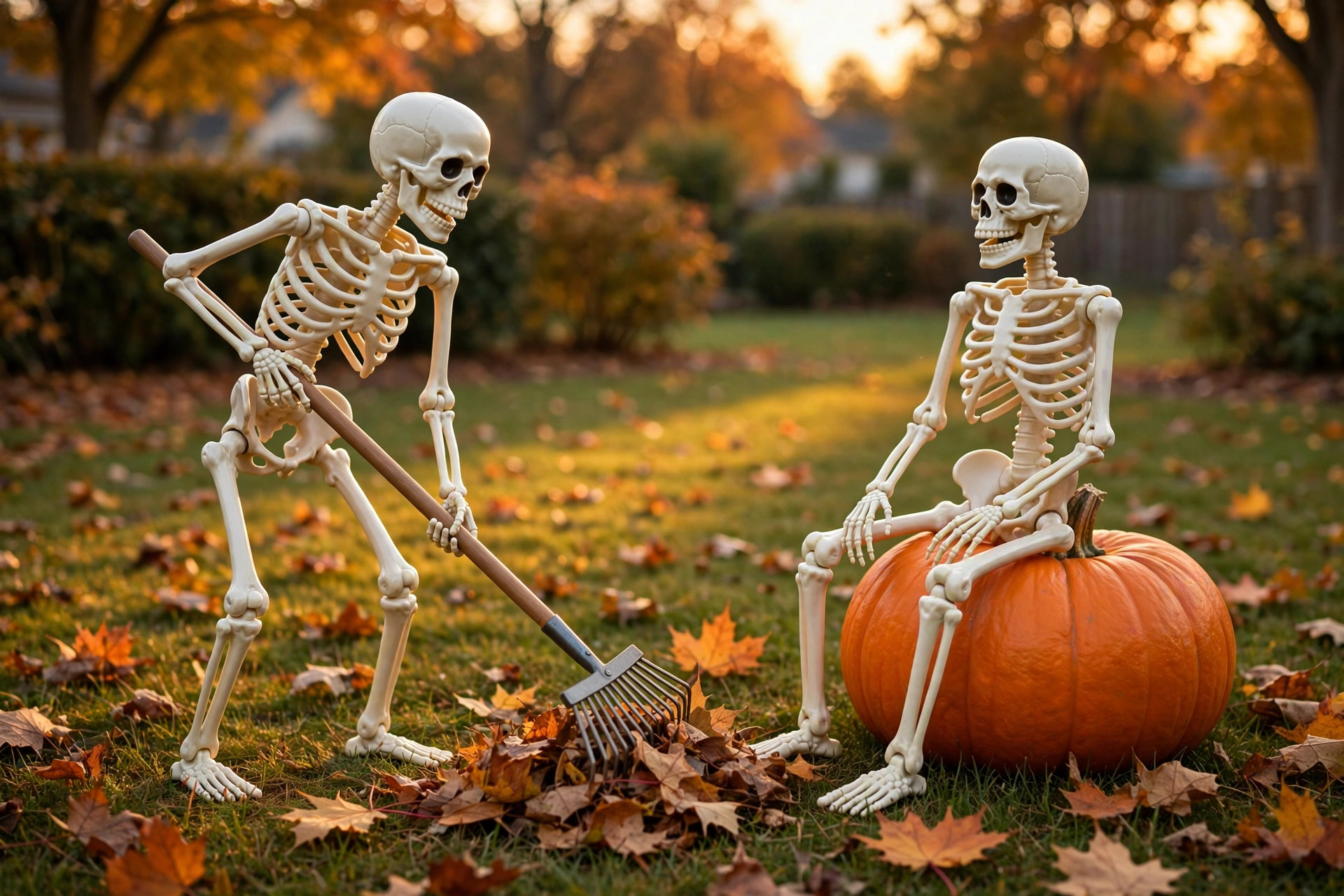 Plastic skeletons posed in a funny fall scene on a lawn