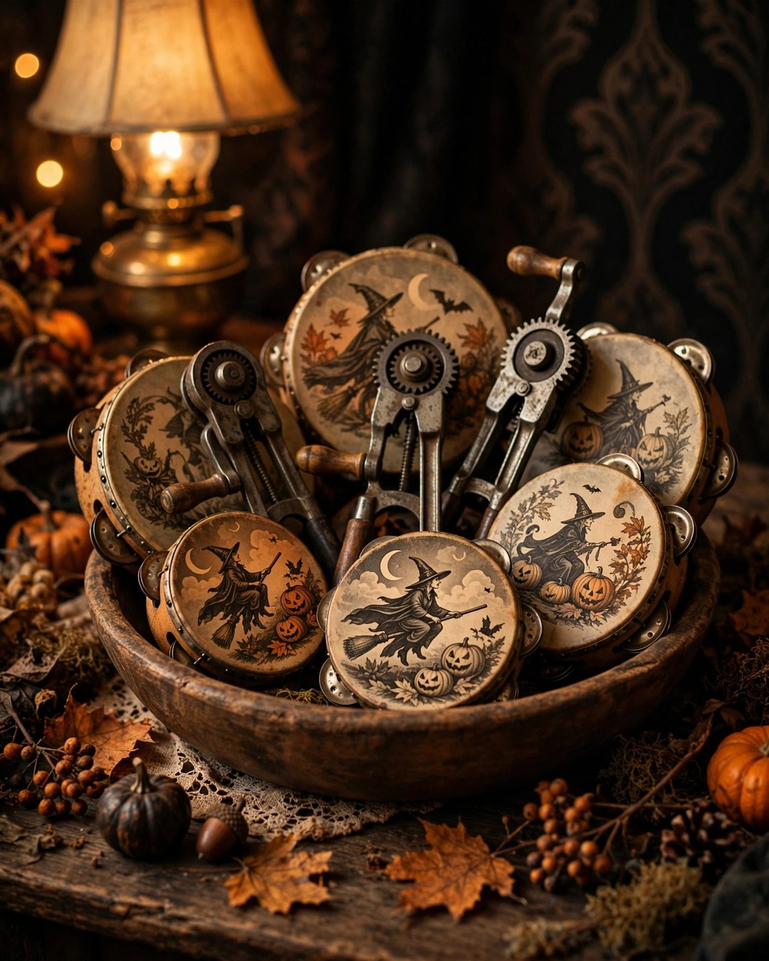 Vintage tin Halloween noisemakers in a wooden bowl
