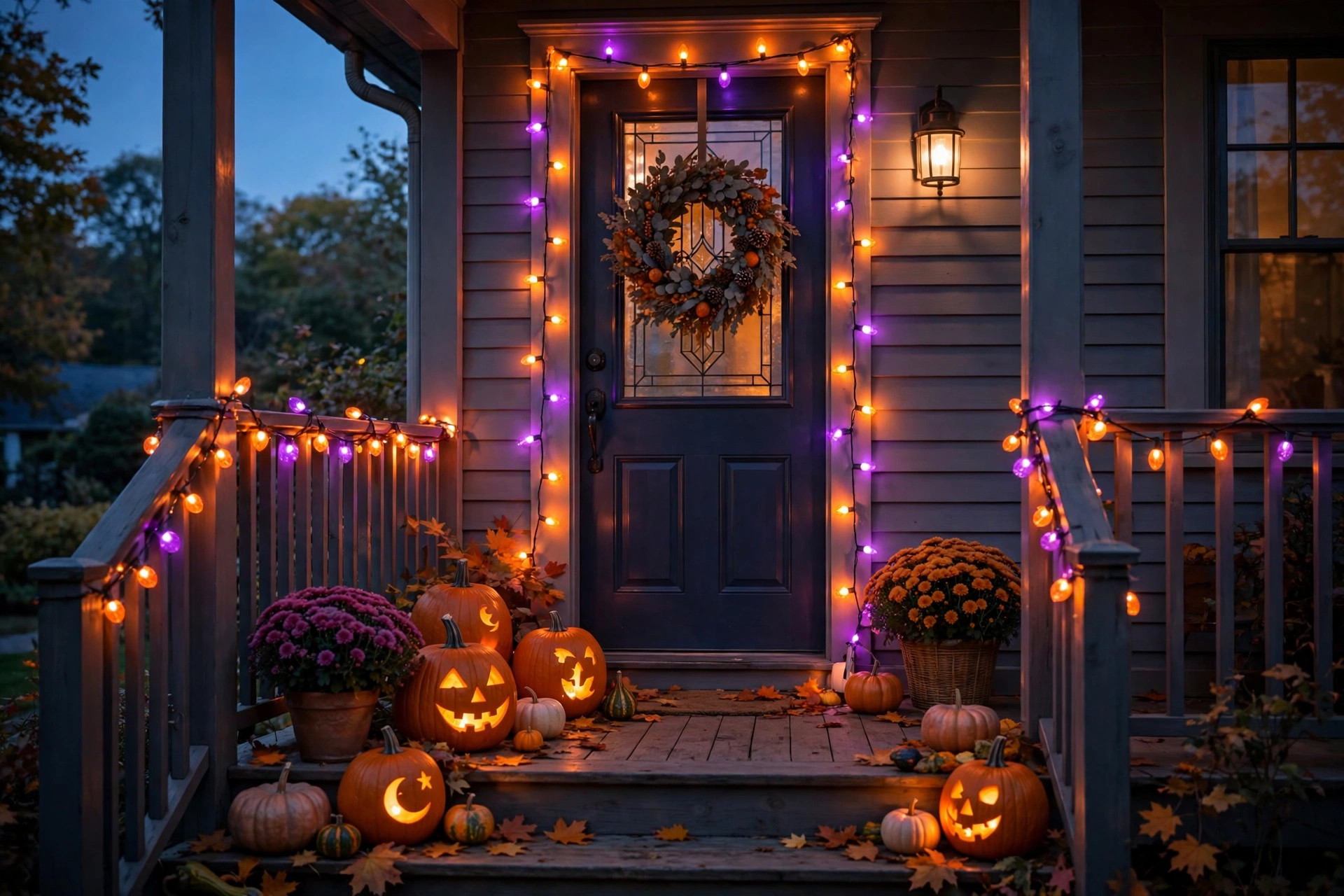Orange and purple string lights glowing on a porch at dusk with pumpkins