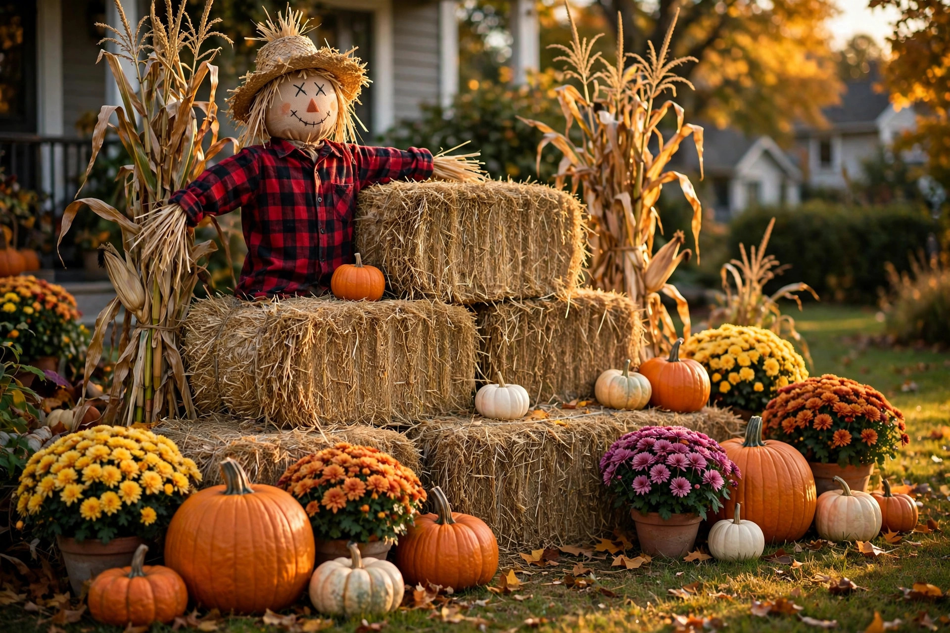 Hay bale scarecrow display with pumpkins and mums