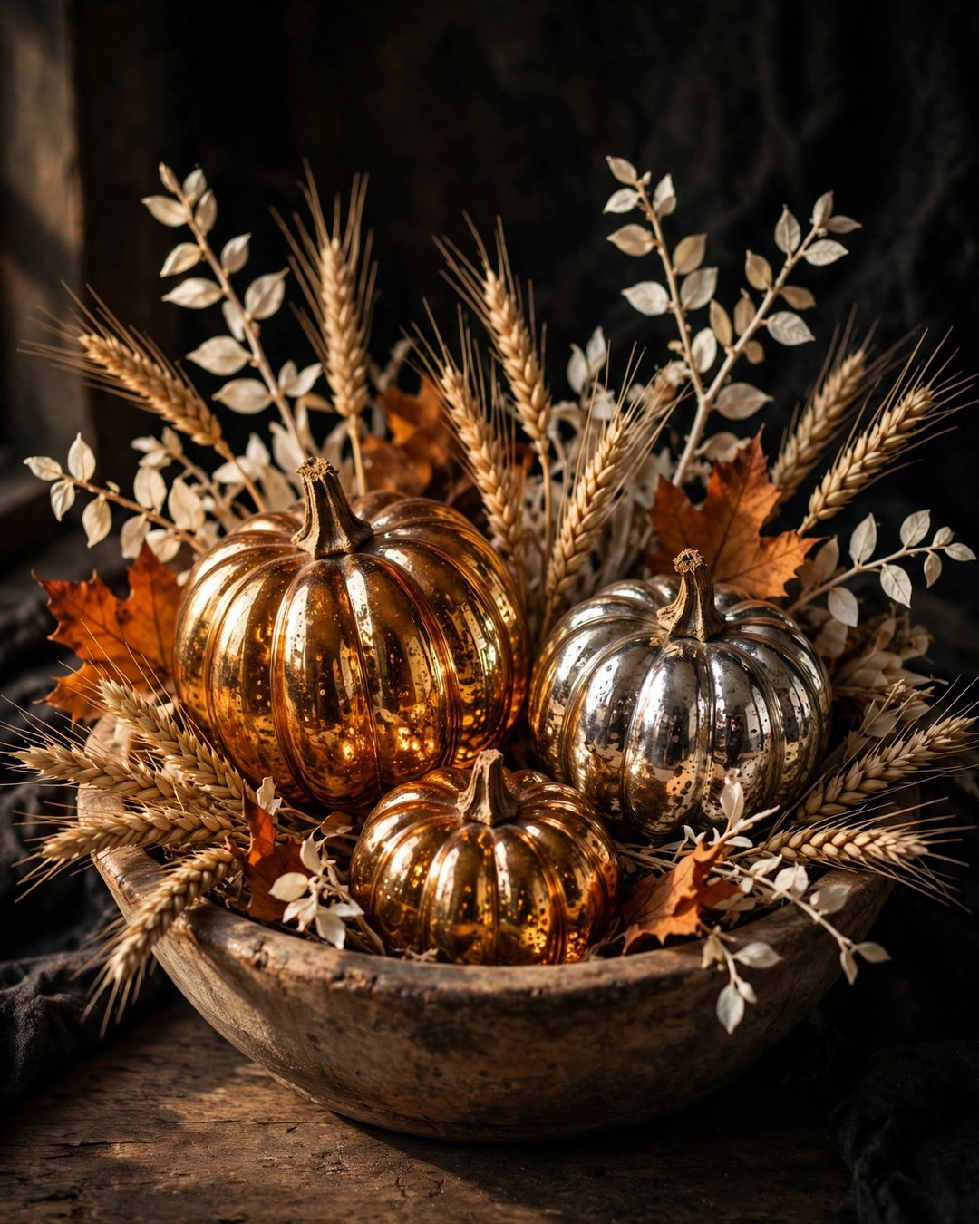 Mercury glass pumpkins with dried wheat in a dough bowl