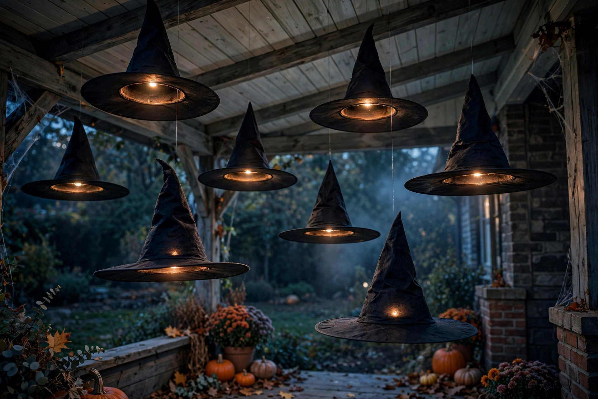 Black witch hats with LED lights floating under a porch ceiling