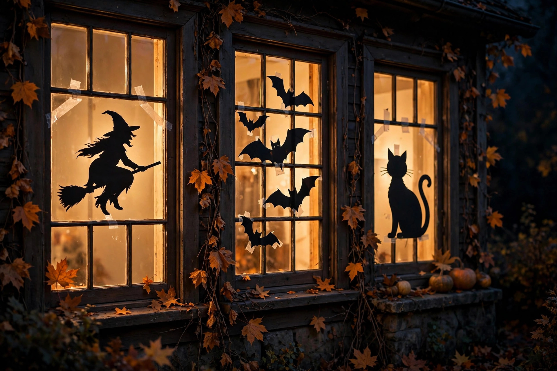Halloween window silhouettes glowing at night
