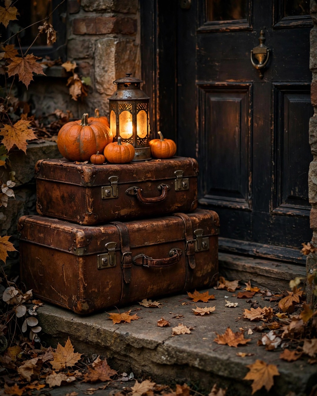 Vintage suitcases stacked with pumpkins and a tin lantern by a front door