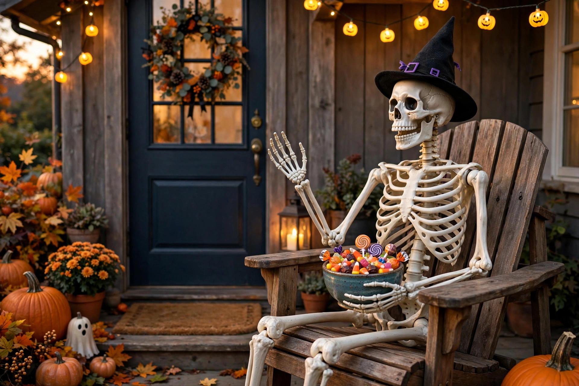 Skeleton wearing a witch hat sitting in a chair holding a candy bowl by the front door