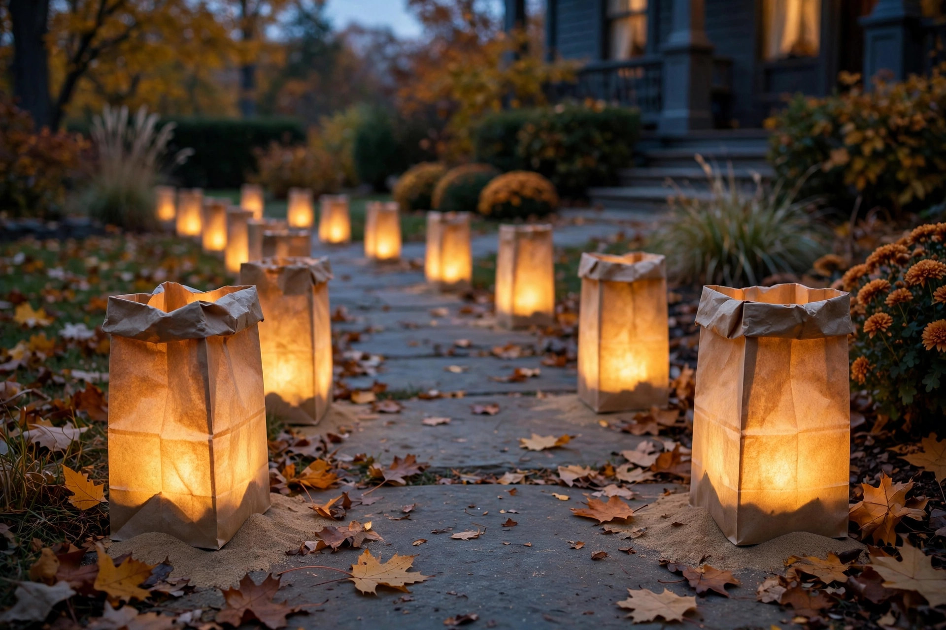 Paper bag luminaries lining a walkway at dusk