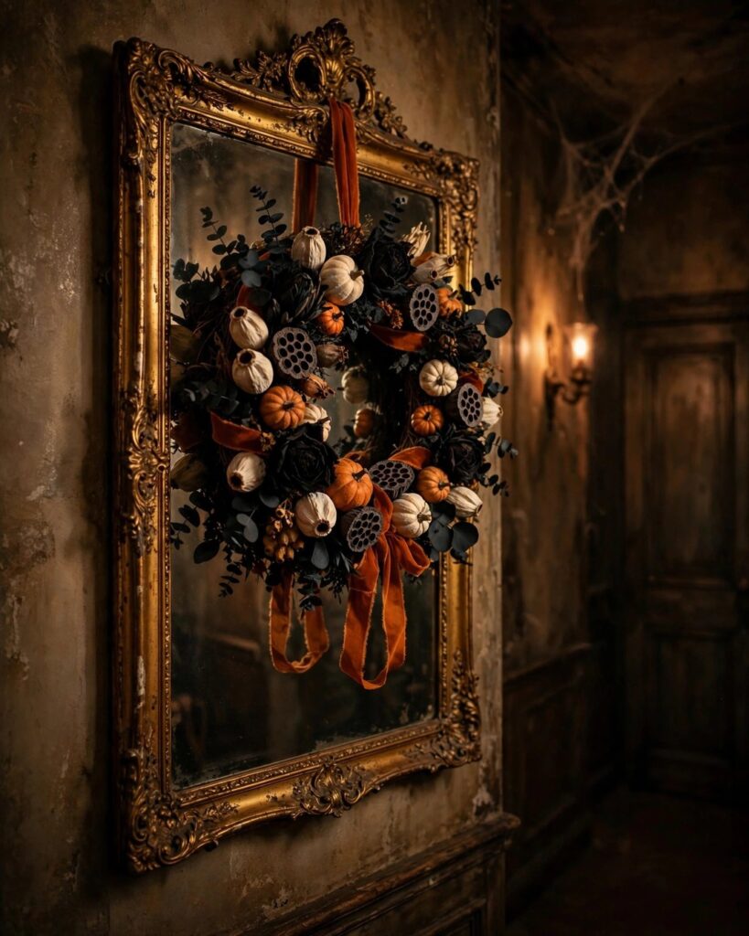 Halloween wreath with mini pumpkins, black roses, and orange velvet ribbon hanging on an ornate gold mirror in a moody hallway