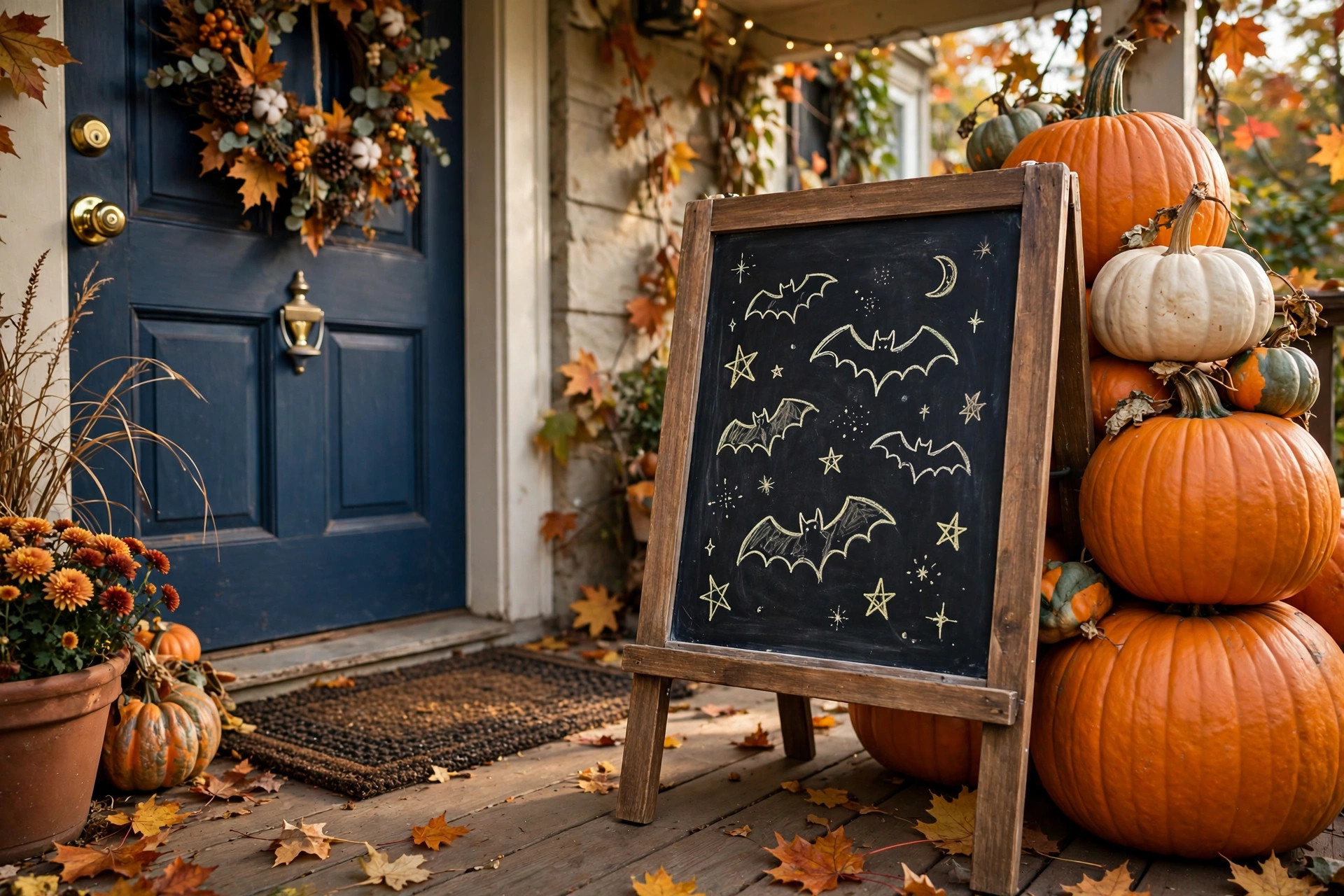 Chalkboard easel sign with bat doodles leaning against a pumpkin stack on a porch