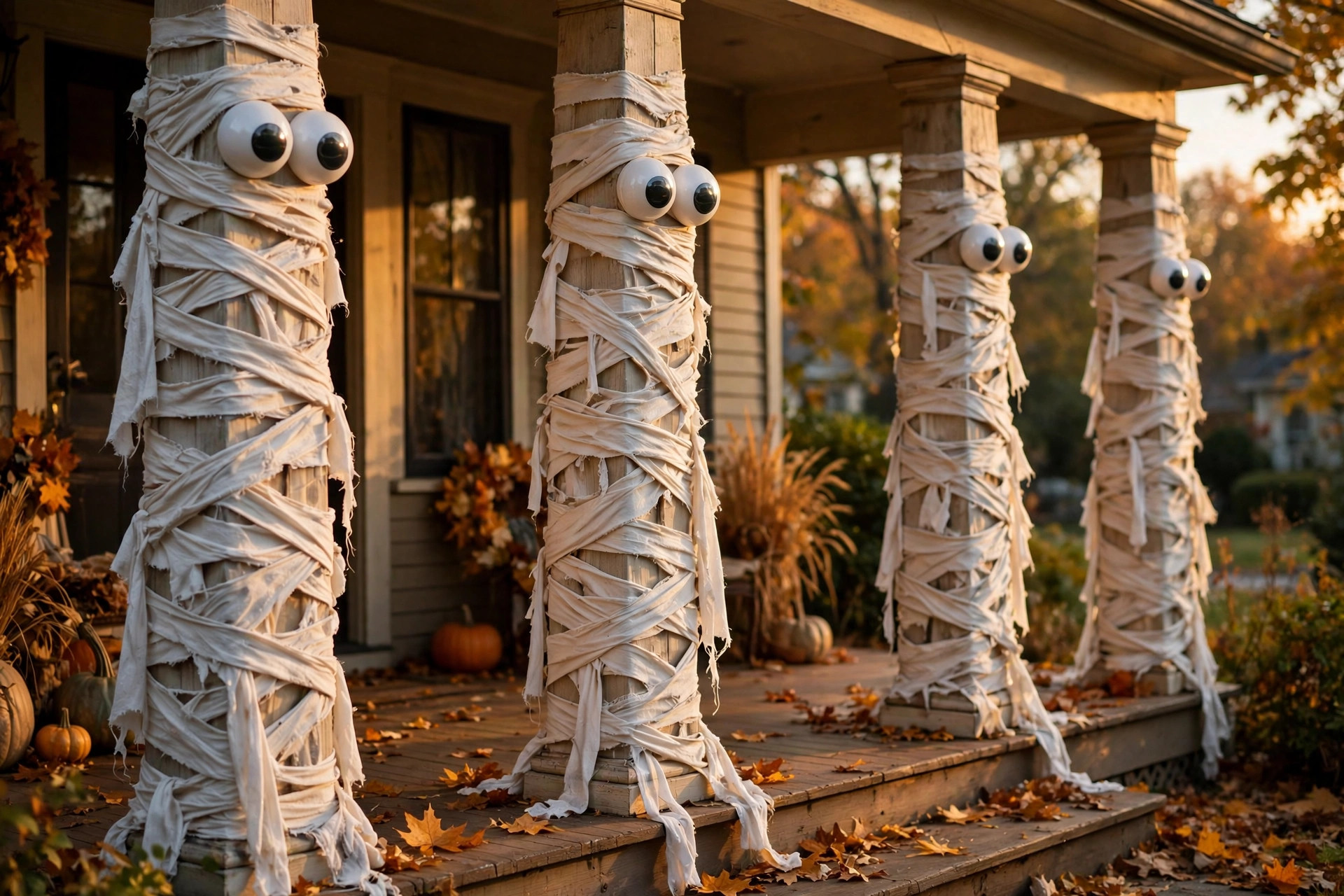 Porch pillars wrapped like mummies with googly eyes