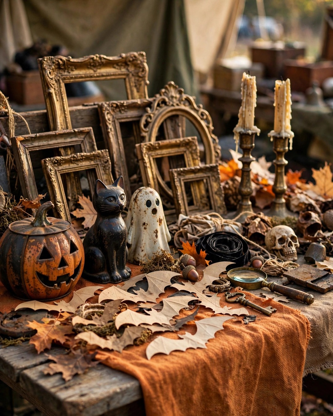 Flea market table of vintage Halloween treasures