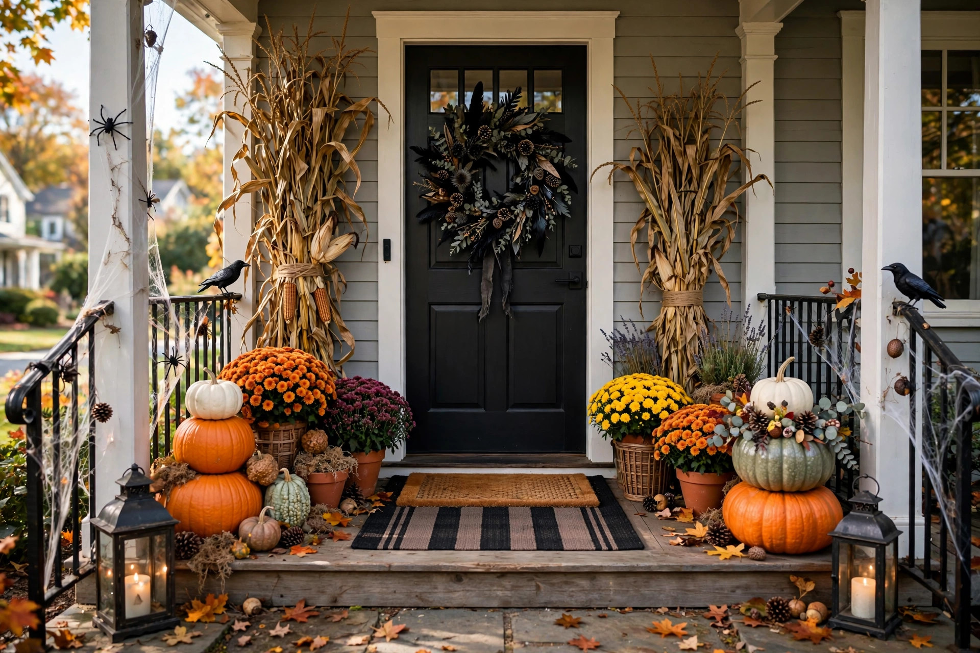 Fully decorated Halloween front porch with pumpkins, wreath, lanterns, and mums
