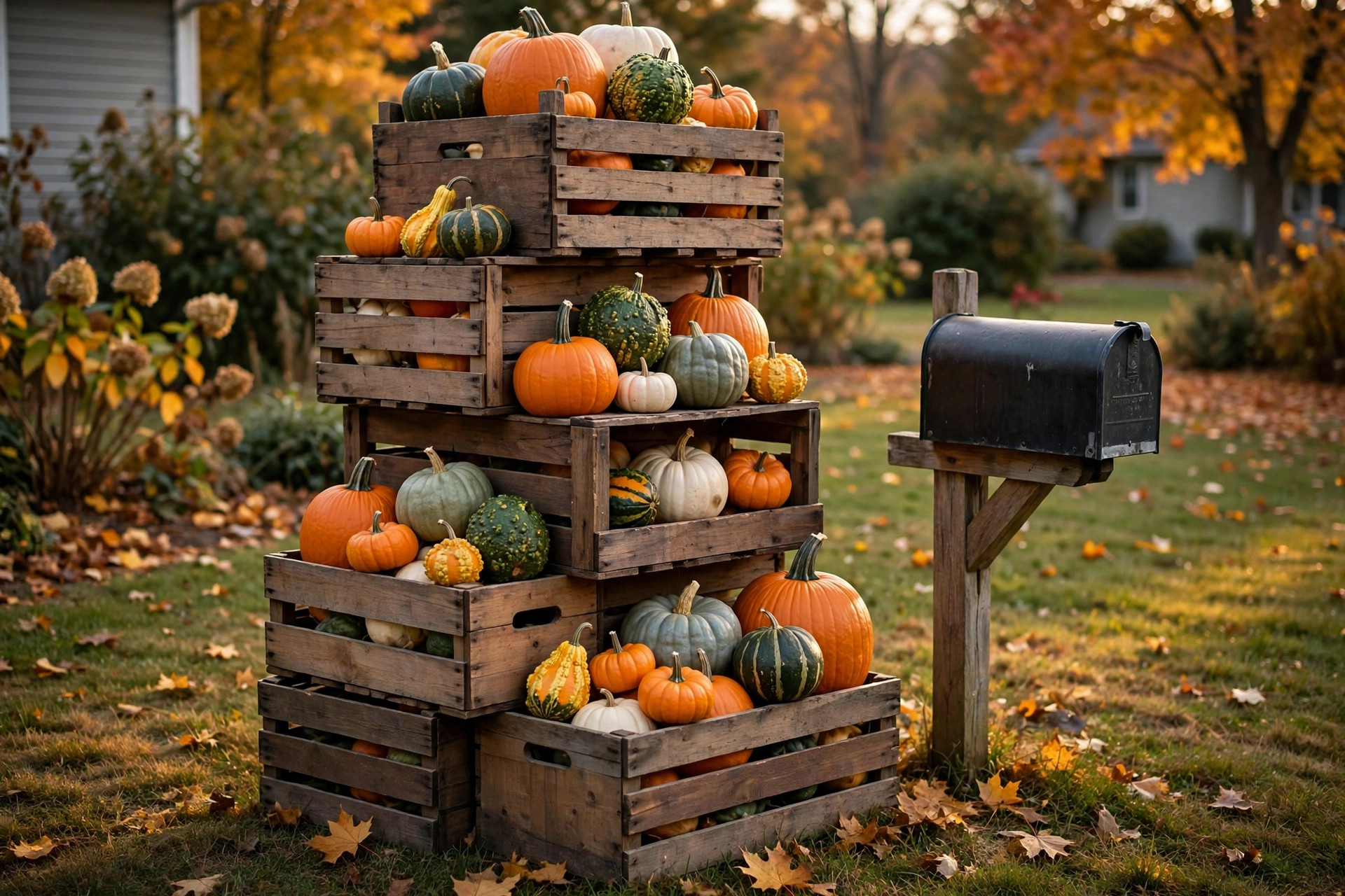 Pumpkin tower made from stacked wooden crates