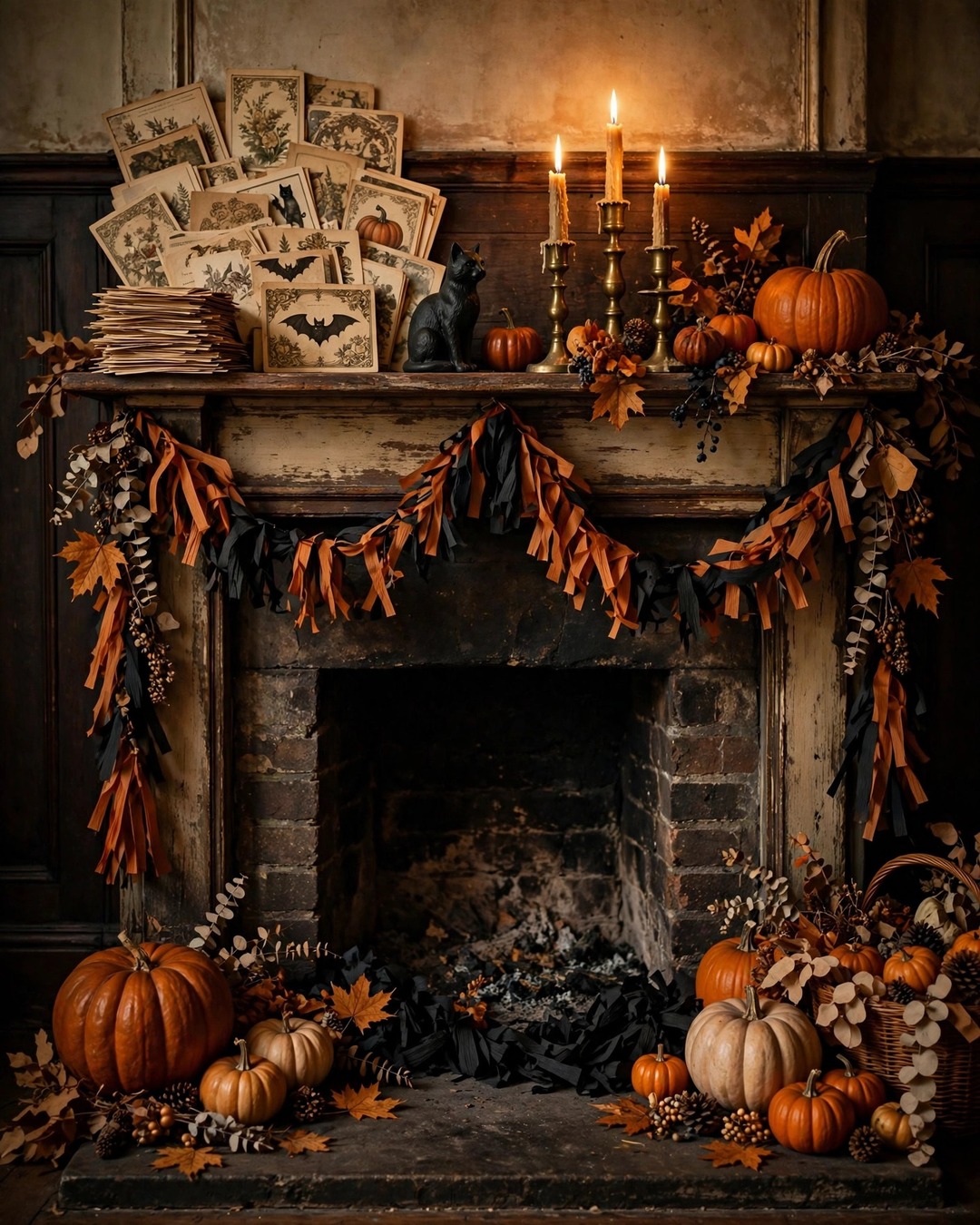 Styled vintage Halloween living room mantel and hearth