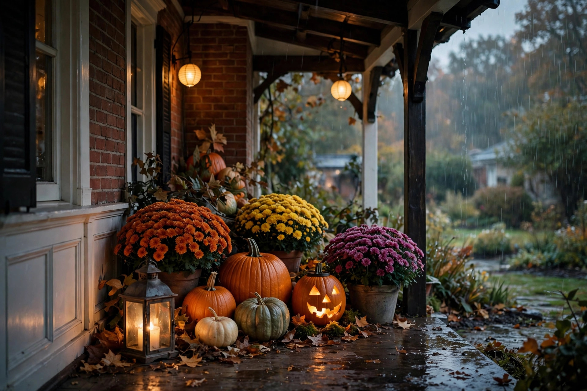 Halloween porch decorations sheltered under a covered porch during rain