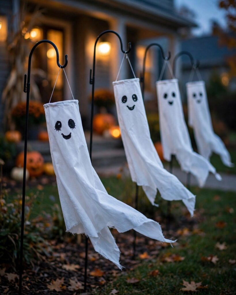 White ghost windsocks with painted faces hanging from shepherd's hooks in a front yard at dusk