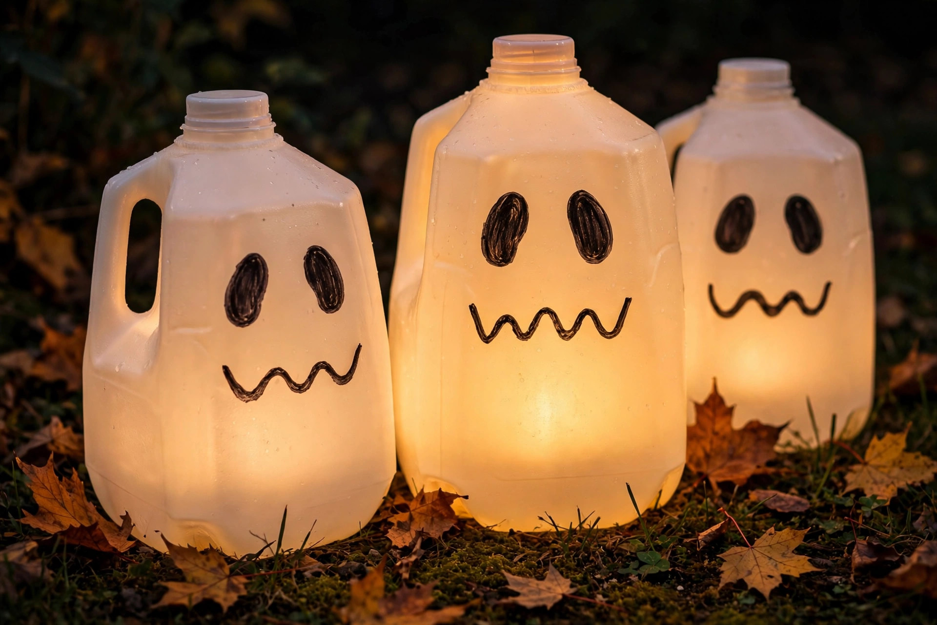 Milk jug ghost luminaries glowing on a lawn at night