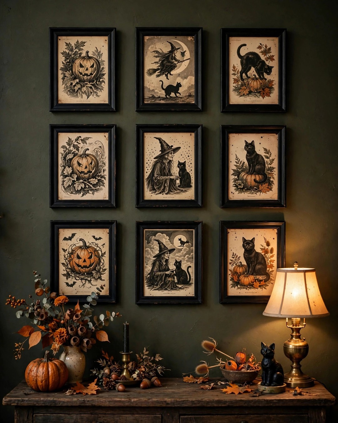 Gallery wall of framed vintage Halloween postcards
