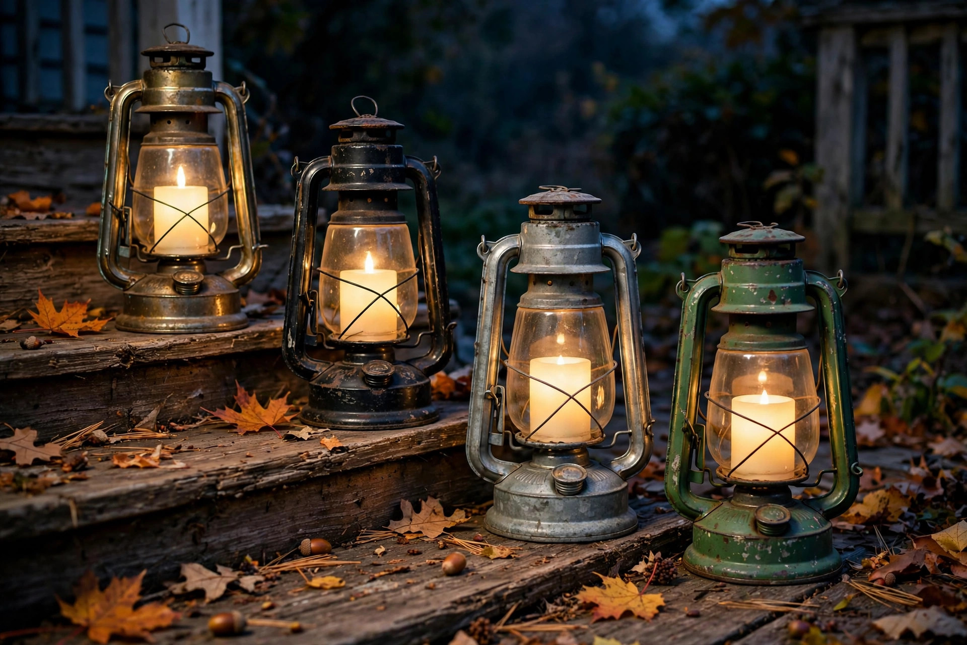 Vintage thrift-store lanterns with LED candles glowing on porch steps
