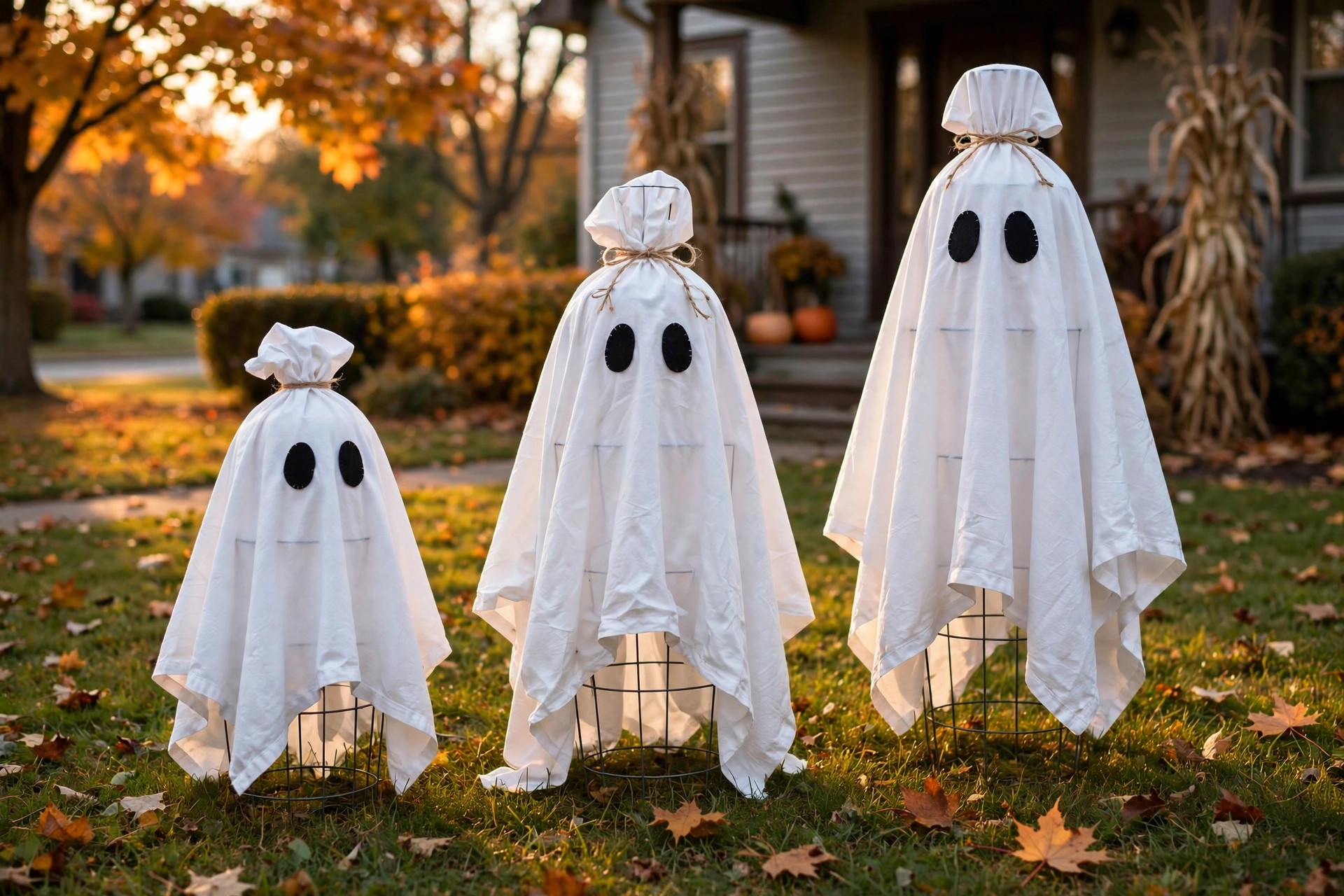 Tomato cage ghosts made with white sheets on a front lawn