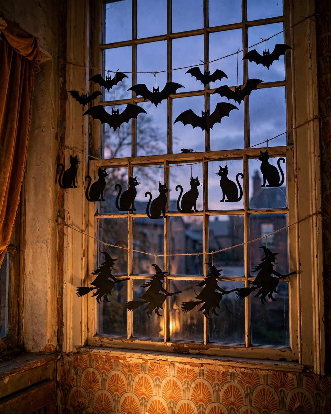 Black paper die-cut bats and witches hanging on twine across a window