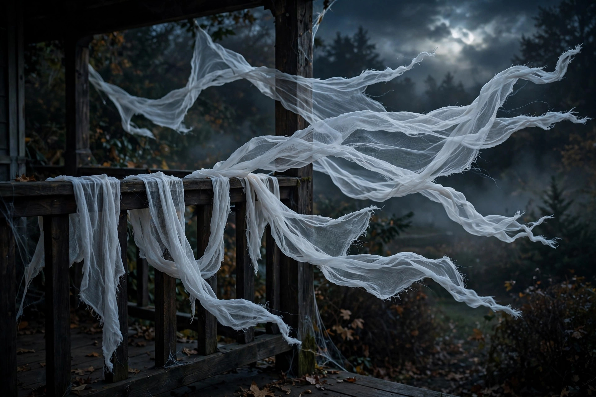 White cheesecloth draped over a porch railing blowing in the wind like ghosts
