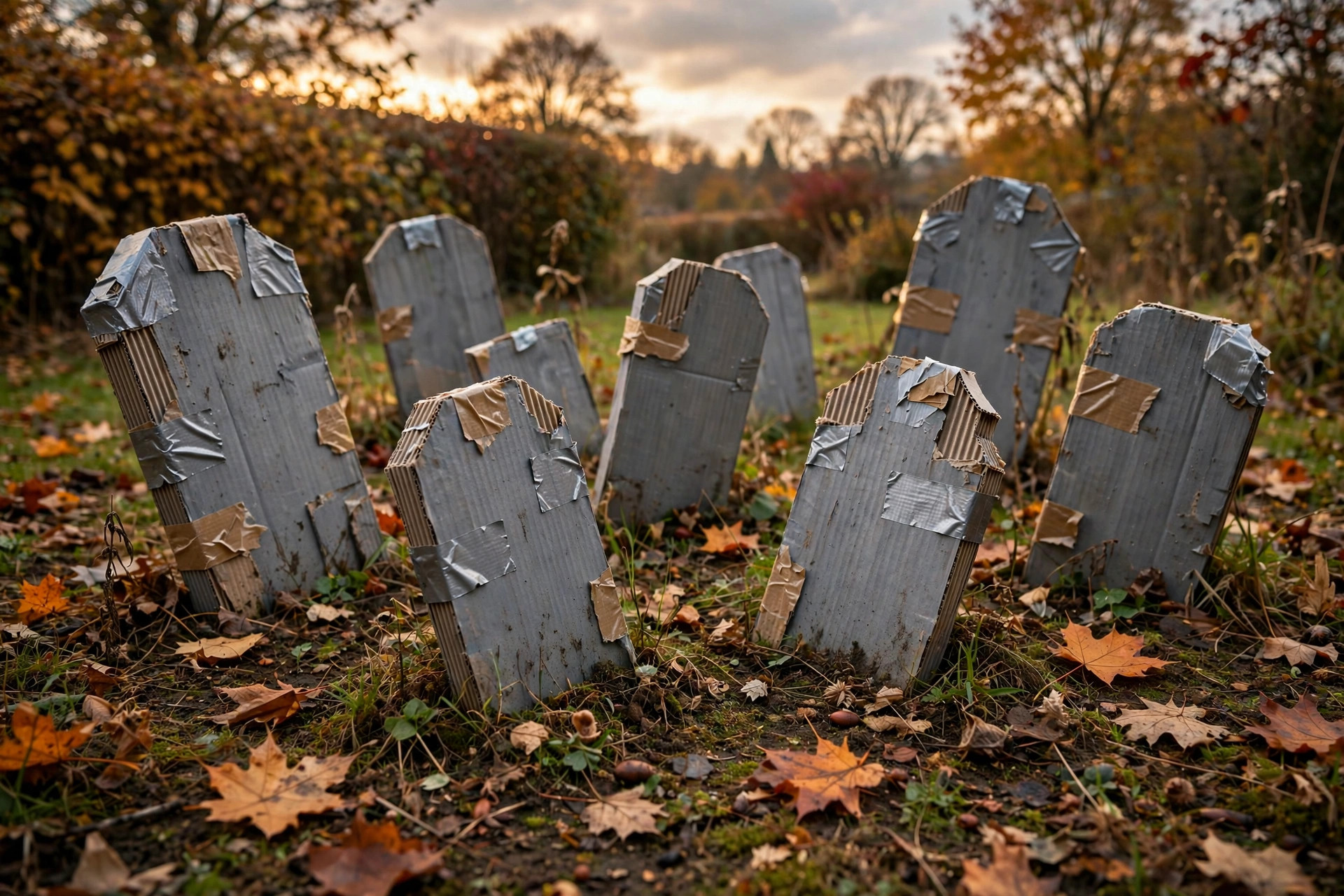 Handmade cardboard tombstones in a DIY Halloween graveyard
