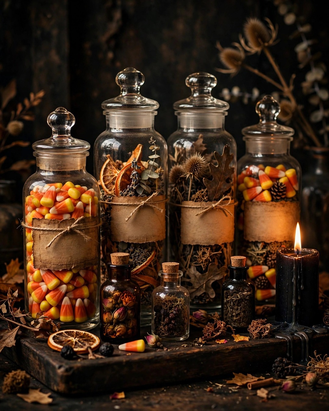 Antique apothecary jars styled as Halloween potion bottles