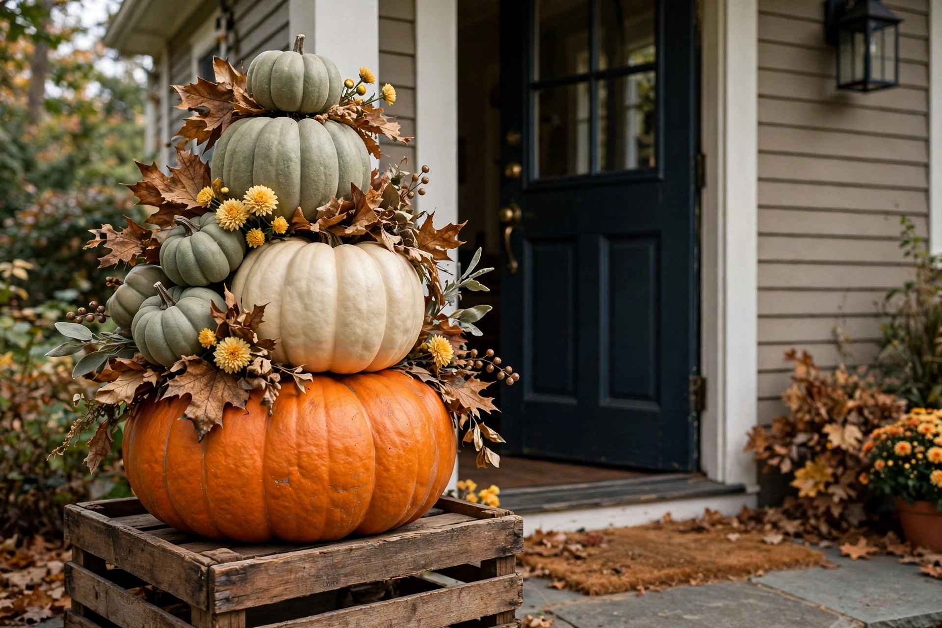 Stacked pumpkin display with real and faux pumpkins on a wooden crate by the front door