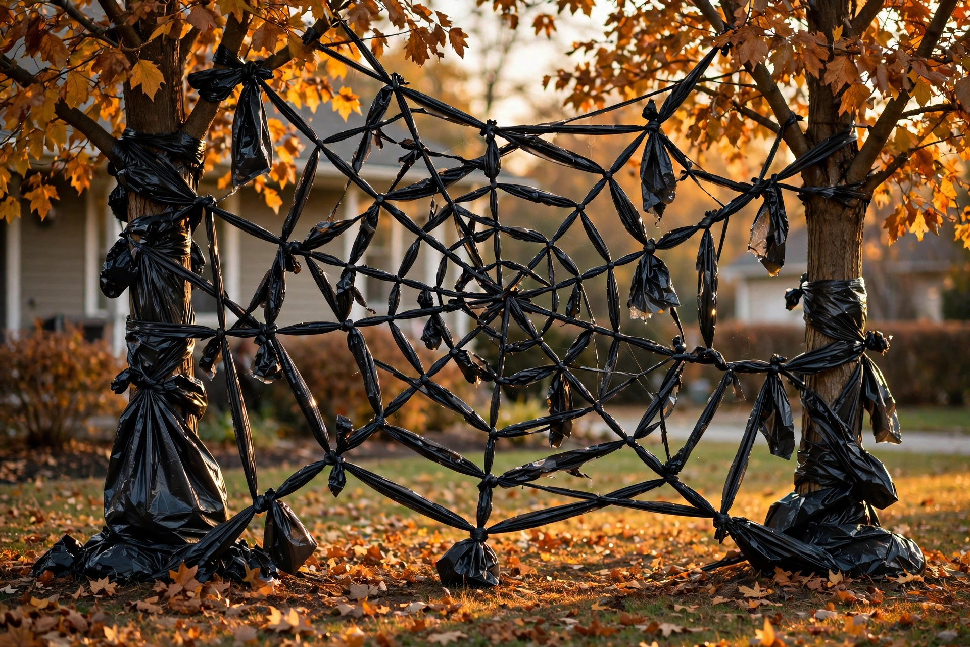 Giant spider web made from black trash bags between trees