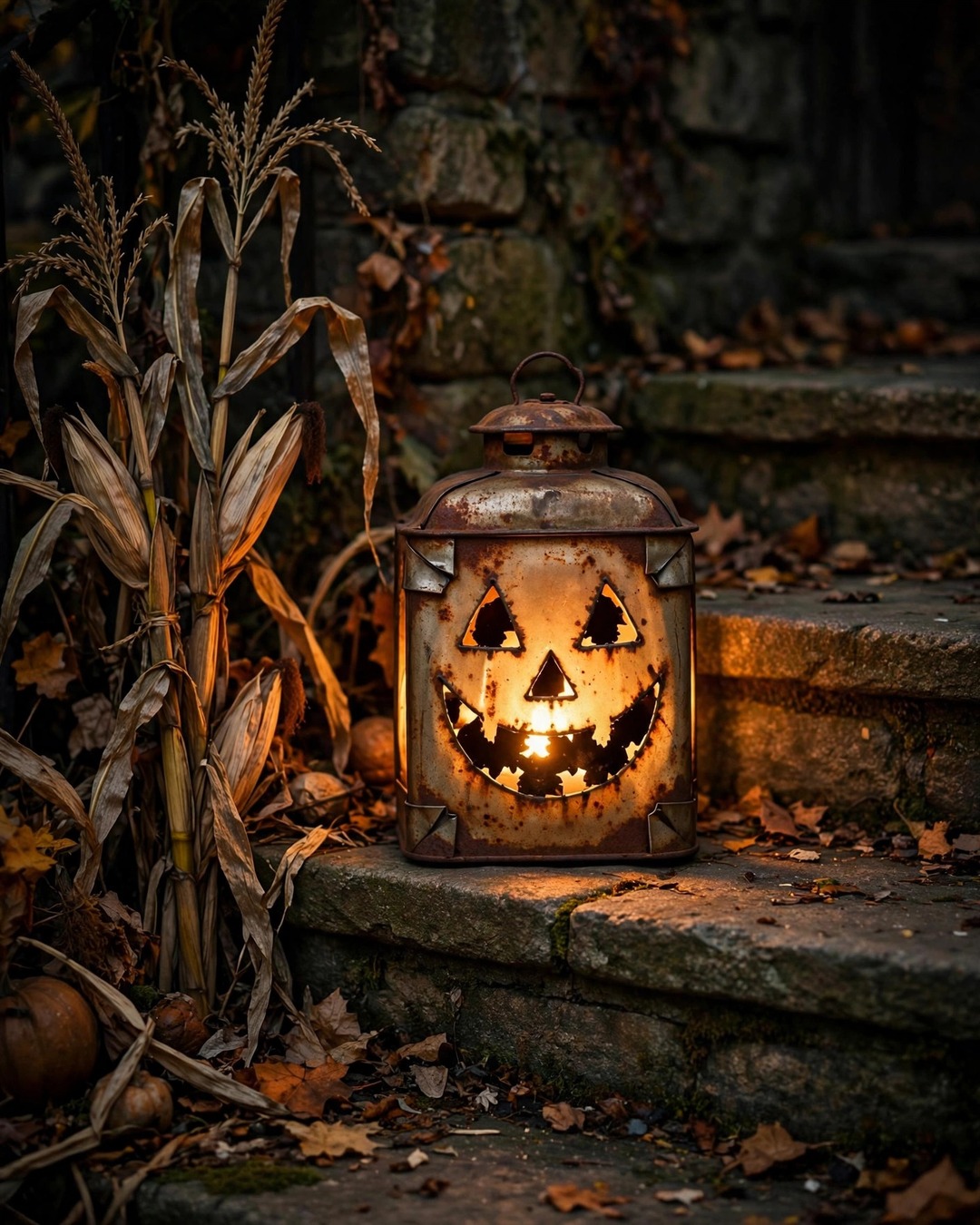 Glowing vintage tin jack-o-lantern on porch steps at night
