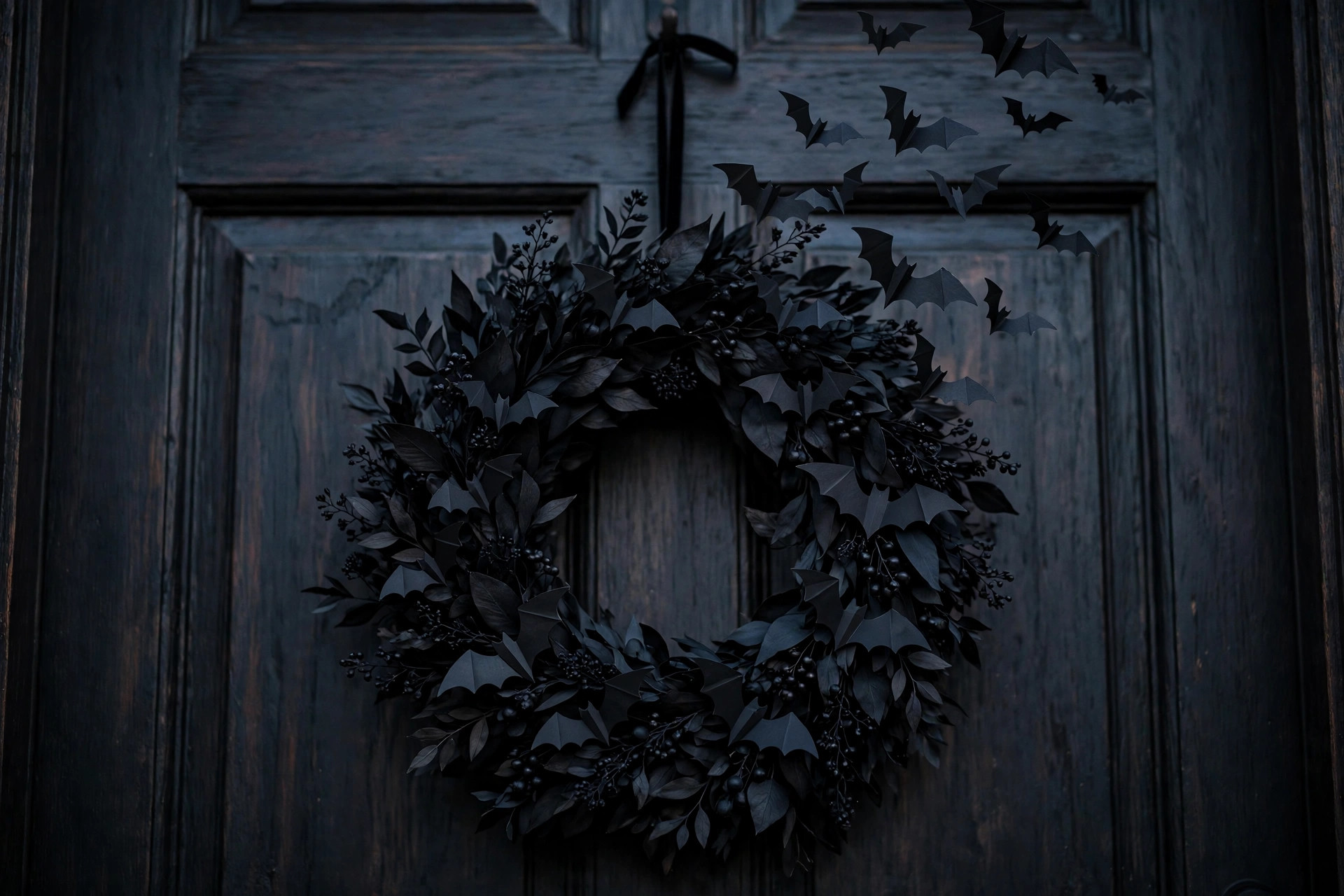 Black wreath with paper bats on a dark front door