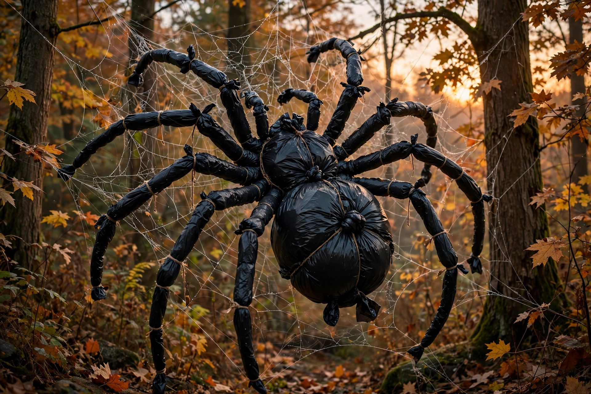 Giant trash bag spider hanging in a homemade web