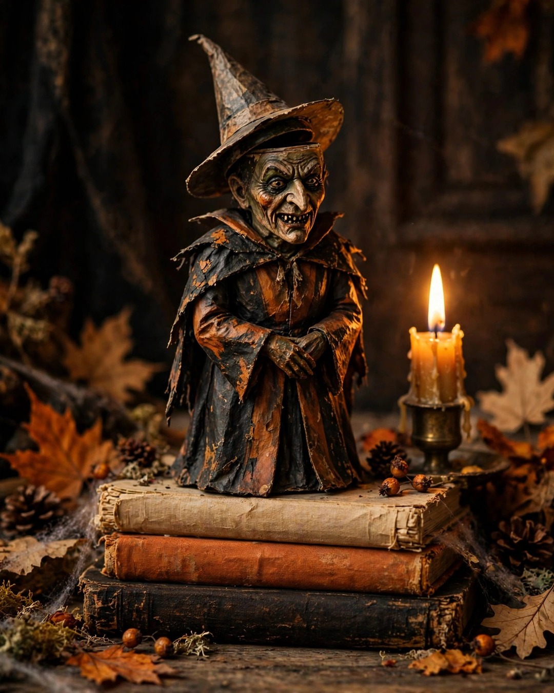 Vintage papier-mache witch candy container on old books