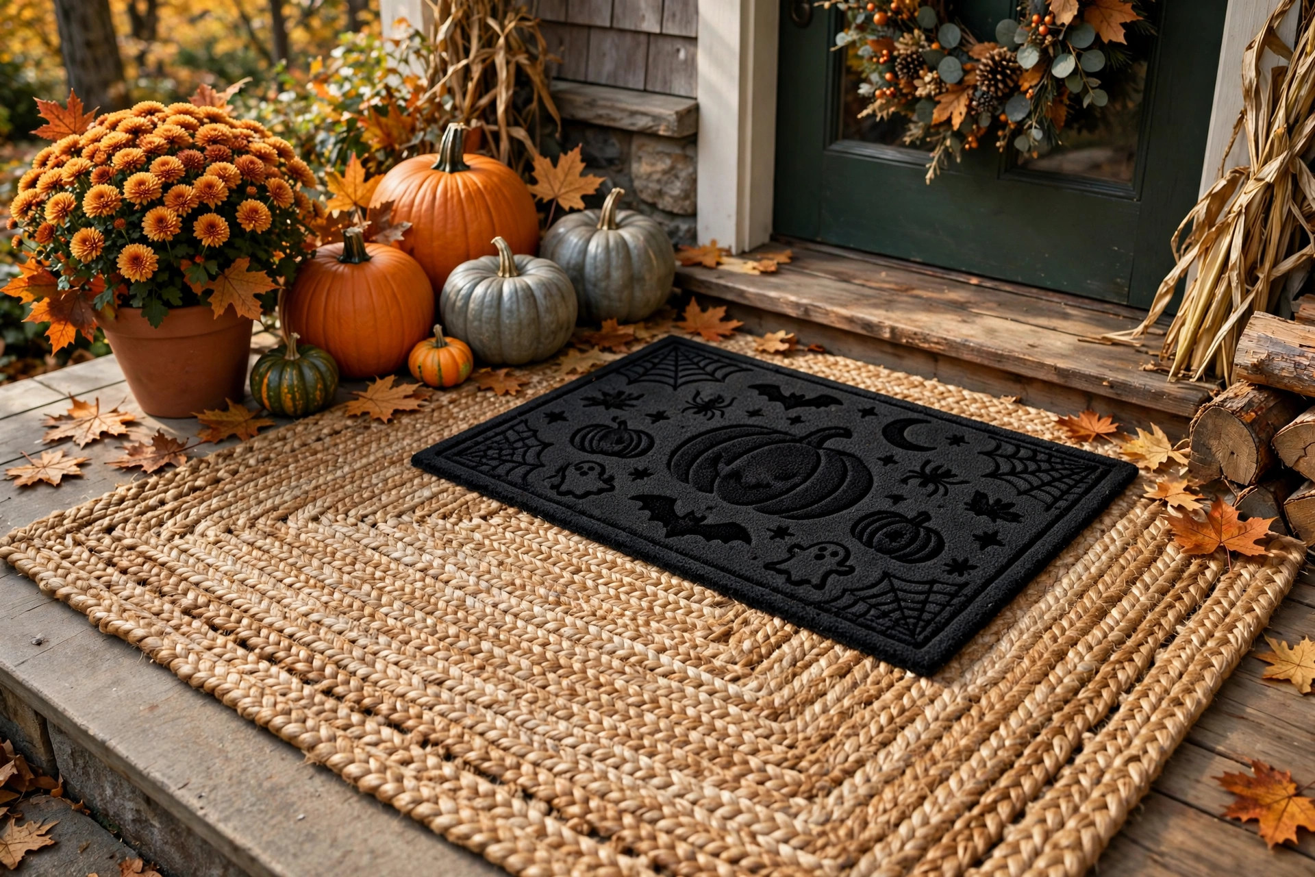 Layered Halloween doormat over a jute rug on a porch stoop