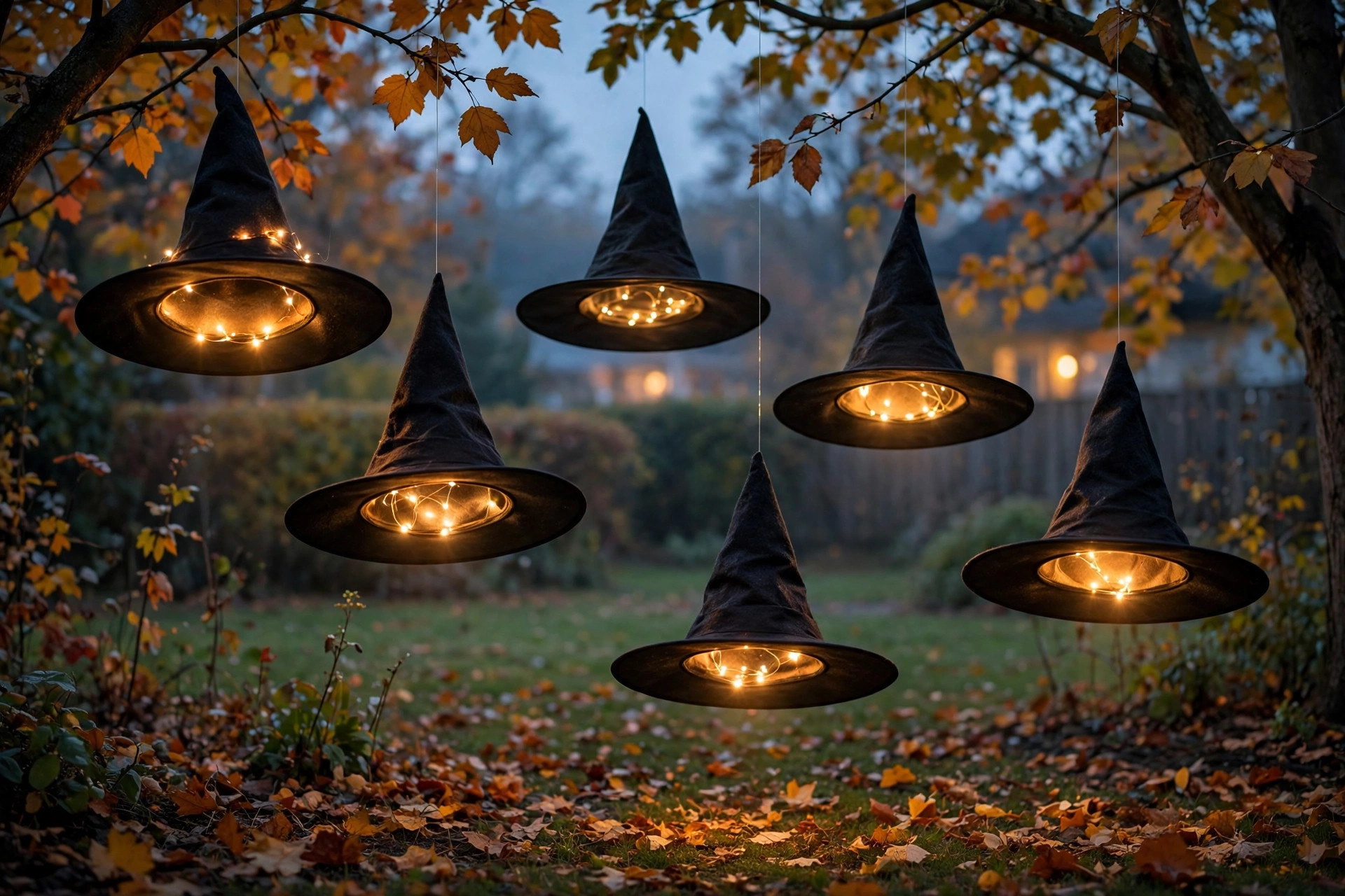 Floating witch hats with string lights glowing at dusk