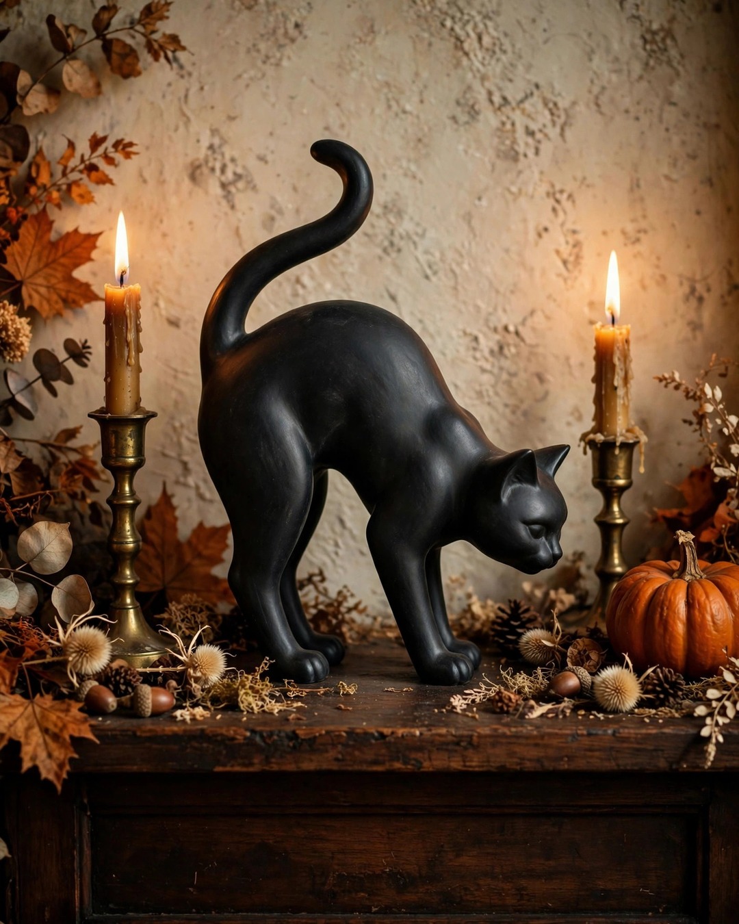 Matte black ceramic cat figurine on a vintage mantel