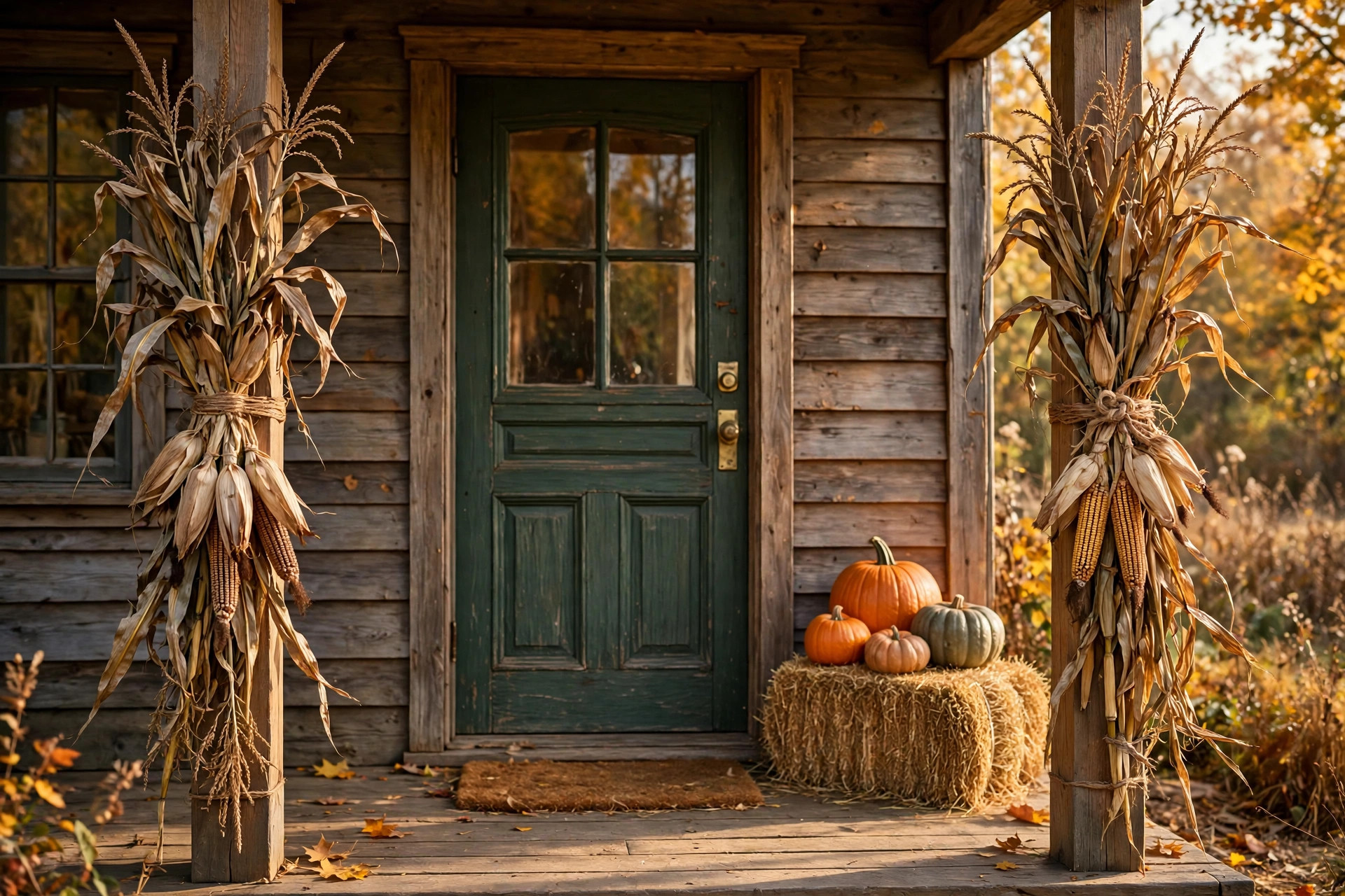 Corn stalk bundles tied to porch columns with a hay bale and pumpkins