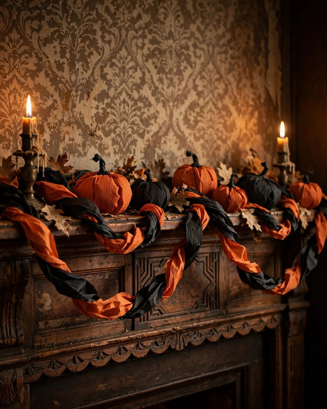 Black and orange crepe paper garland swagged on a mantel