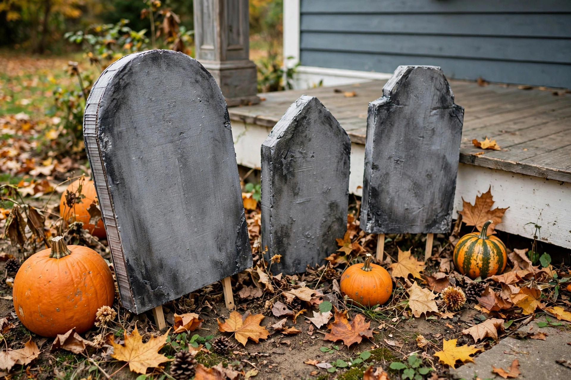 Handmade gray foam-board tombstones along a porch edge