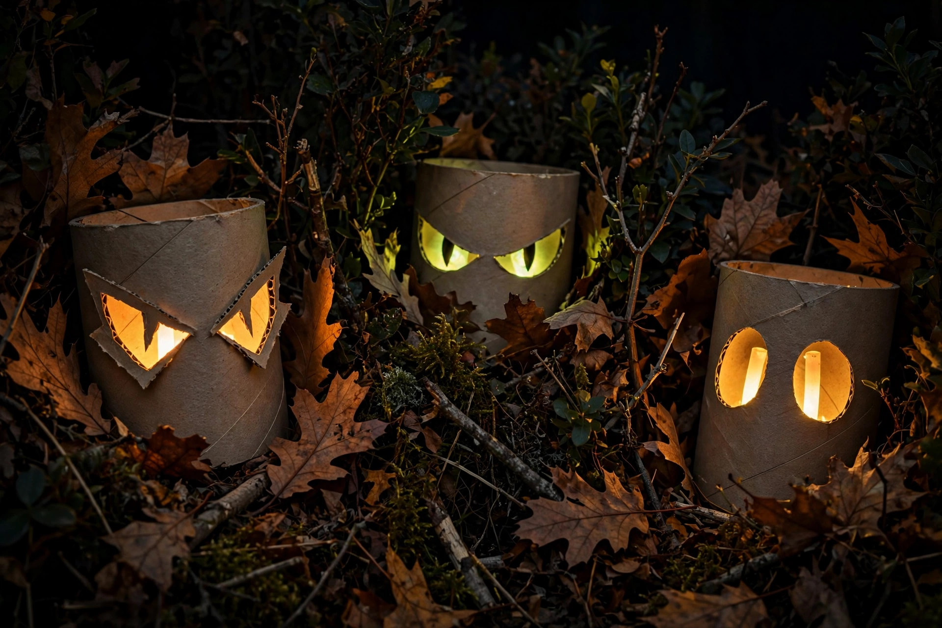 Glowing eyes peering from dark bushes, a DIY Halloween scare