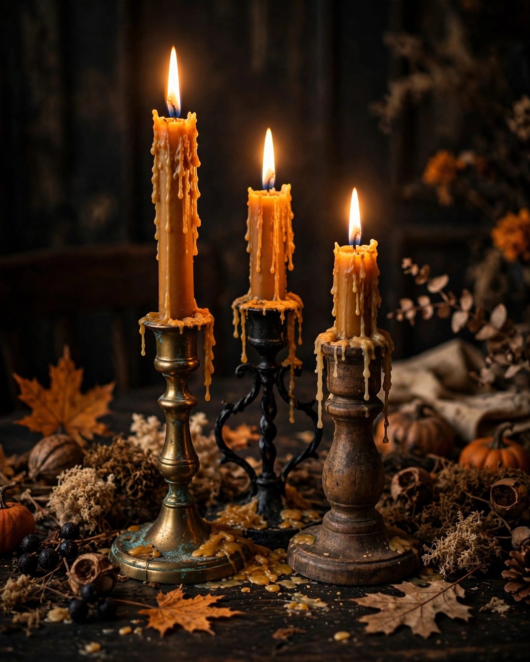 Mismatched vintage candlesticks with glowing amber taper candles