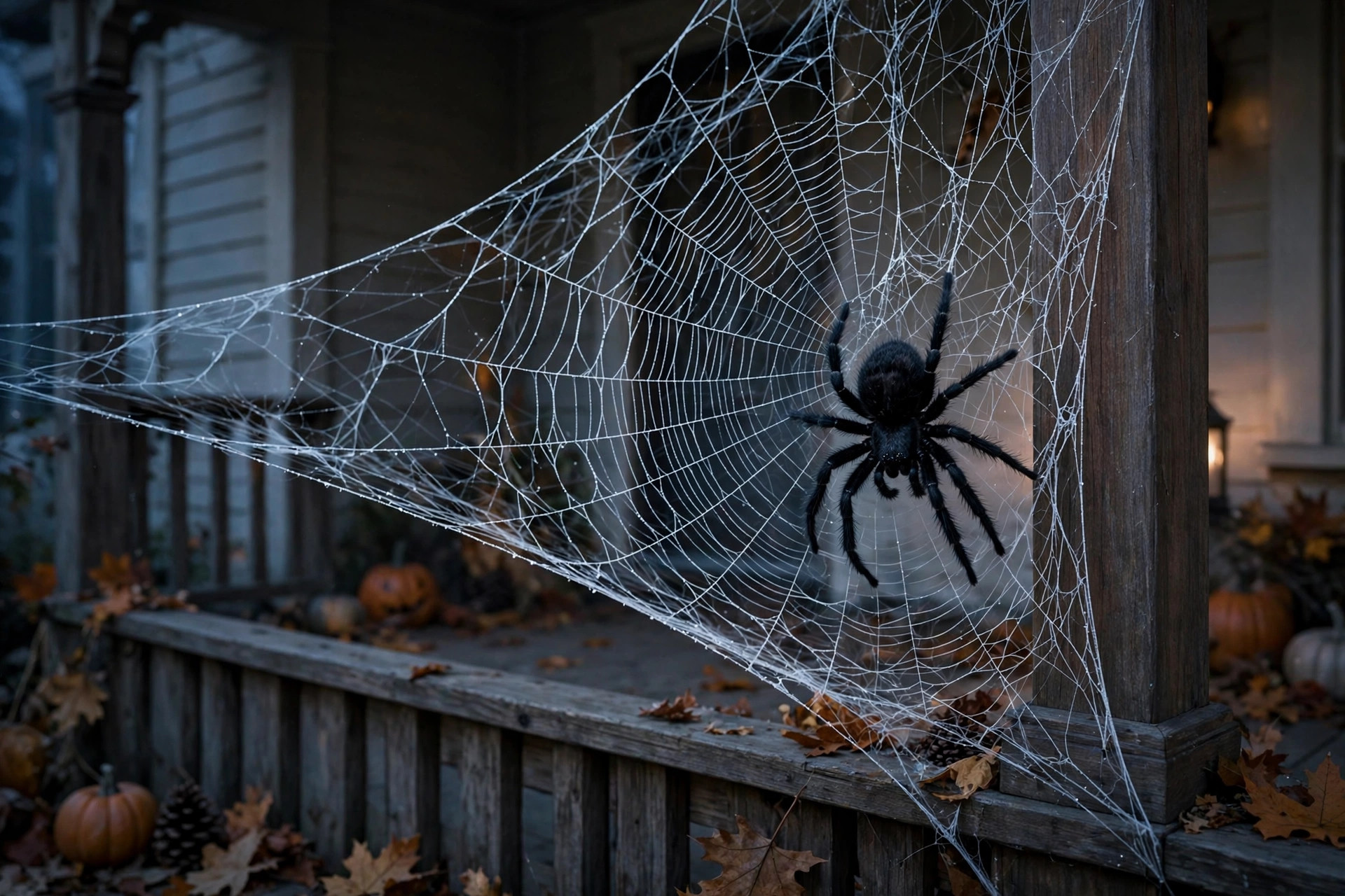 Giant spider web with a large spider stretched across a porch corner
