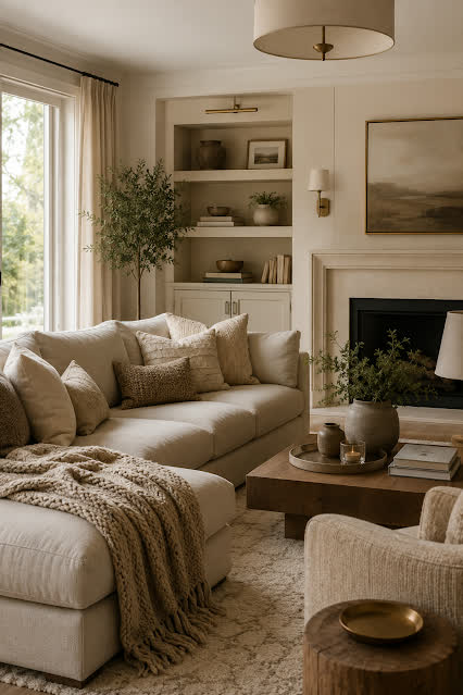 Warm, cozy living room with neutral home decor